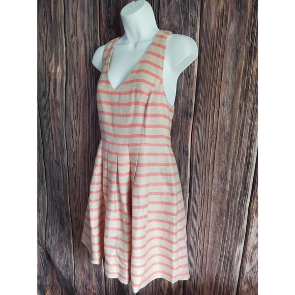 Banana Republc Linen Blend Stripped Tan Coral Fit and Flare Dress Size 4 - Picture 2 of 5